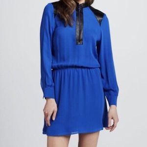 Parker blue silk dress w/ black leather accent